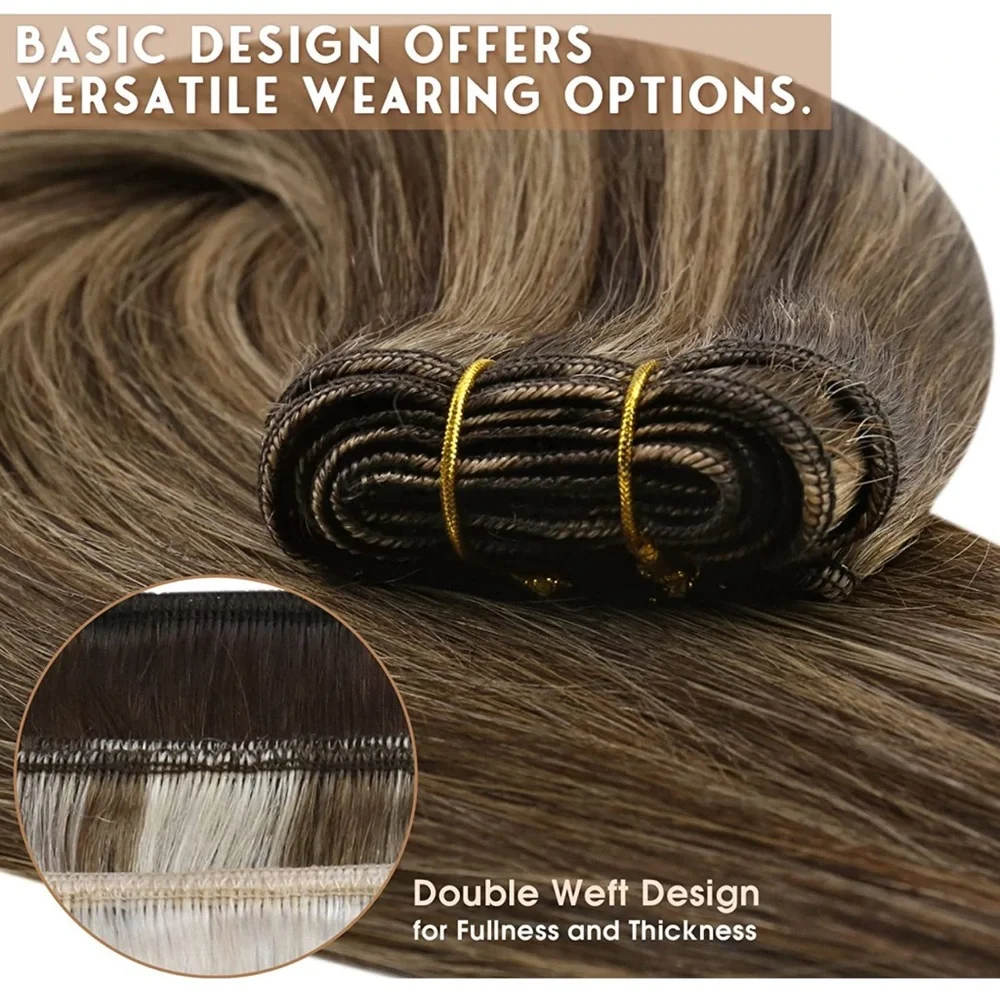 Real human Hair Extensions Chocolate Brown Mix Caramel Blonde Sewed in 18inch - Picture 3 of 5